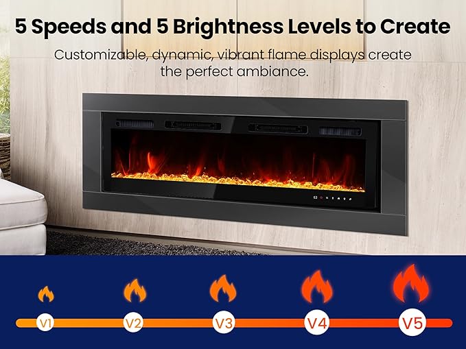RealSmart Electric Fireplace Heater Inserts 60" Wall Mounted Electric Fireplace 750W/1500W in-Wall Recessed Heaters with Remote Control,Fit for 2 X 6 stub,12 Adjustable Color Flame & Brightness,Timer