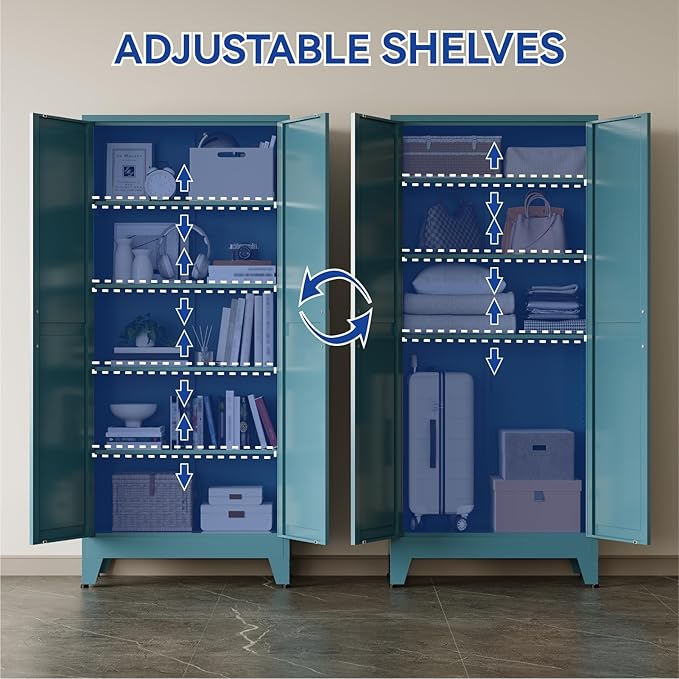 COFaR 71'' Tall Metal Pantry Cabinet, Kitchen Storage Cabinet with Doors and Shelves, Freestanding Farmhouse Food Cupboard for Kitchen Dinning Room Garage, Peacock Blue 5-Tier