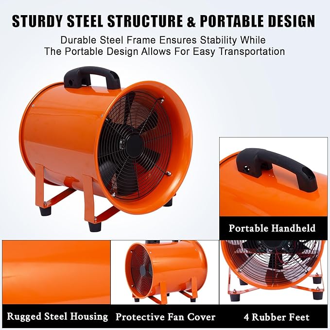 12 in Utility Blower Exhaust Fan with 16.4 ft Duct, 3500 r/min & 3500 CFM Heavy Duty Blower Fan, High Velocity Low Noise Extraction and Ventilation Fan for Ventilating Workshops, Confined Space