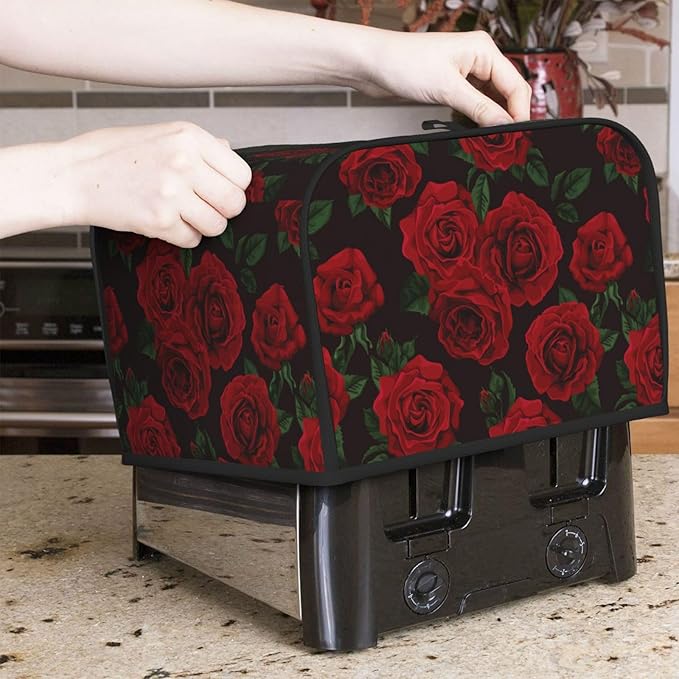 Red Black Rose Flower 4 Slice Toaster Cover, Waterproof Toaster Dust Cover Bread Maker Protective For Small Kitchen Appliance Dining Room Table Home Decor Gifts