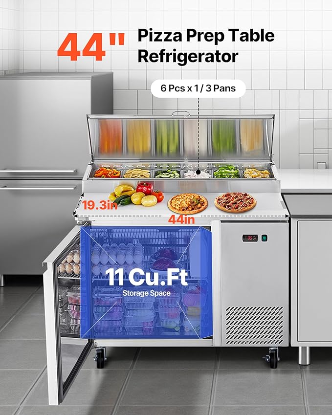 VEVOR Commercial Refrigerator, 44" W Pizza Prep Refrigerated Table, 19.3" Ultra Wide Countertop Food Prep Cooler, 11 Cu.Ft Single Door Salad Prep Fridge, 6 Pans Pizza Make Worktop with Cutting Board