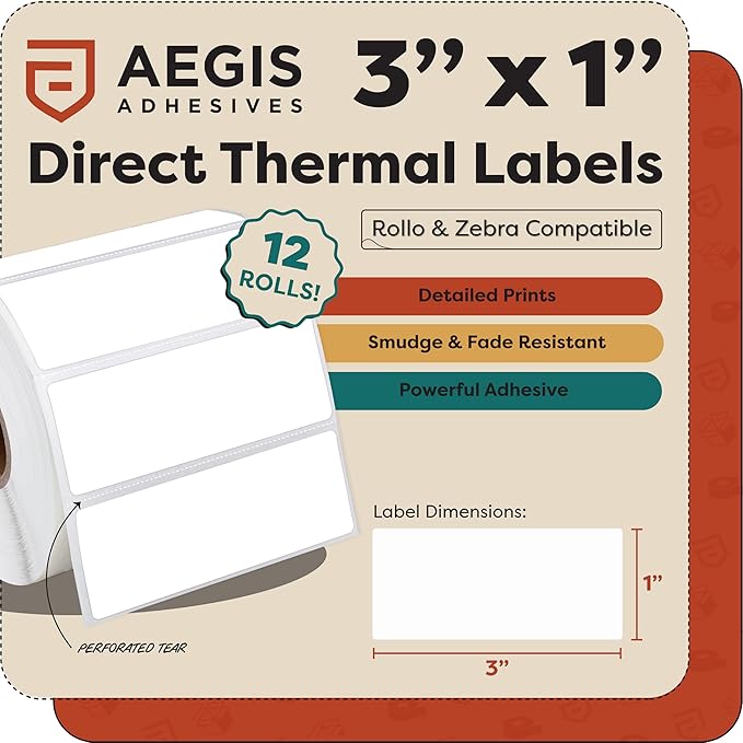 Aegis Adhesives - 3" X 1" Direct Thermal Labels (12 Rolls, 1300 Labels/Roll) for Barcodes, Address - Perforated, Compatible with Rollo, Zebra, and Other Desktop Label Printers