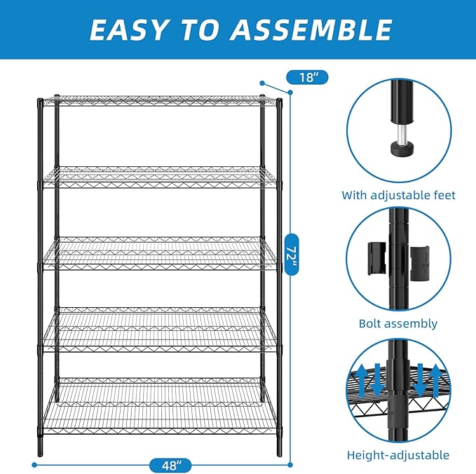 5-Shelf Adjustable Metal Shelf Wire Shelving Unit Heavy Duty Storage Rack Display Shelf for Office,Kitchen,Bedroom,Bathroom,Laundry,Pantry Basement,Garage(Black,48" L x 18" W x 72" H)