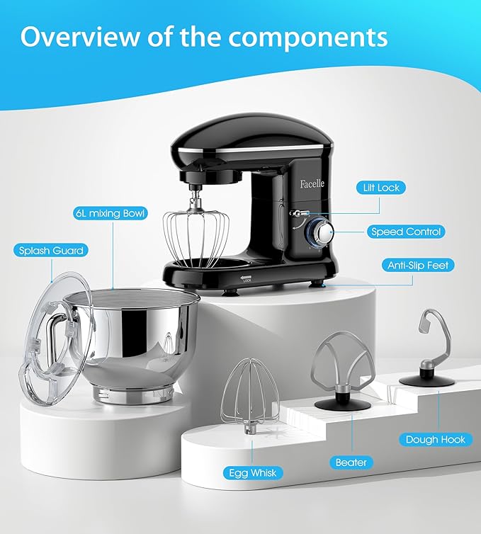 Facelle Stand Mixer, Electric Kitchen Mixer, 660W 6 Speed Tilt-Head stand mixer with Pulse, Attachments include 6.5QT Bowl, Dishwasher Safe Beater,Dough Hook,Whisk for Dough,Baking,Cakes,Cookie-Black