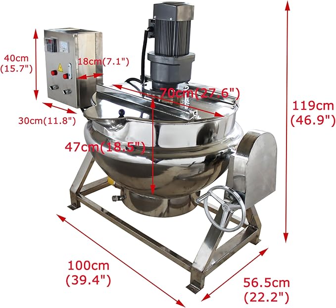 26Gal Commercial Jacketed Kettle with Stirrer Stainless Steel Tilting Stirring Jacketed Kettle for Food Processing Electric Heating 220V 60HZ 3-Phase 1.1KW