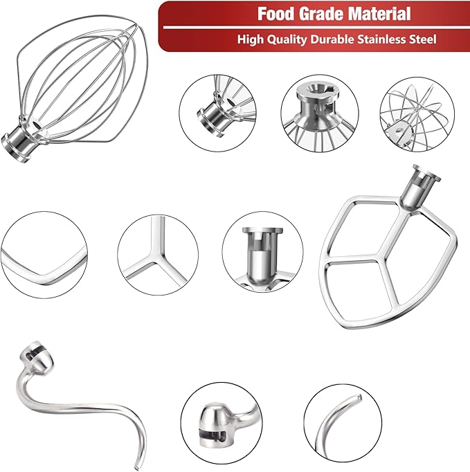 Stainless Steel 3 Piece kit Attachments for KitchenAid Stand Mixer and 5.5-6 Quart Bowl, Dishwasher Safe (5.5-6QT Flat Beater, 6QT Dough Hook, KN256 6-Wire Whip Attachment)