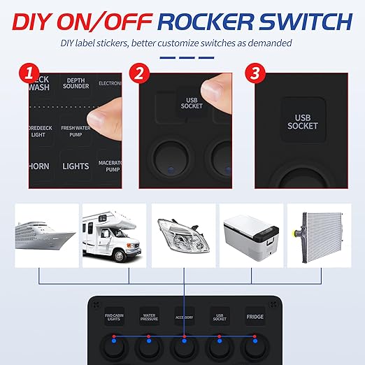 5 Gang Switch Panel 12V/24V Marine Switch Panel Waterproof with 4.8A Dual USB Charger, Digital Voltmeter & Cigarette Lighter Socket, UL Listed Aluminum Rocker Switch Panel for Boat, RV, Car, Truck