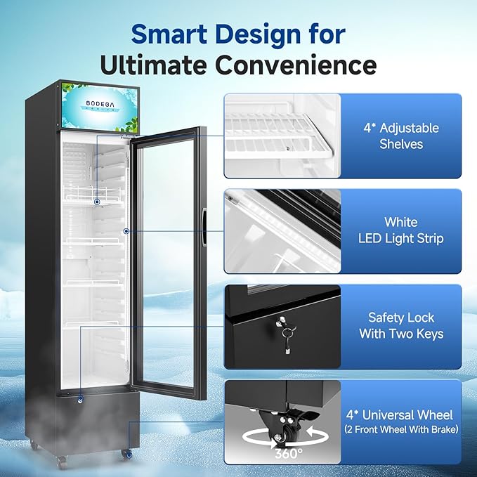 BODEGACOOLER Commercial Refrigerators, Drink Fridge with Glass Door, Tall Beverage Cooler, Single Door Display Refrigerator, for Beer, Soda, 7.71 Cu.ft Capacity