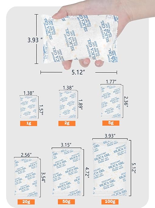 2 Gram (50 Pack) Color-Indicating Silica Gel Packets, Premium Food Grade Desiccant - Rechargeable Moisture Absorbers for Food Storage, Electronics, 3D Filament & Safes
