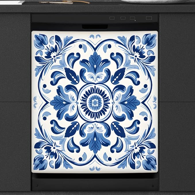 Dishwasher Magnet Cover Blue Ethnic Flower Paisley Reusable Dishwasher Magnetic Cover Sticker Decorative Dish Washer Door Cover Panel for Home Kitcen Appliance