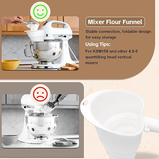 Flour Funnel for Kitchen Aid Stand Mixer, Silicone Foldable Stand Mixer Attachment, Spill-Free Ingredient Chute for Artisan Series, BPA-Free, Dishwasher Safe