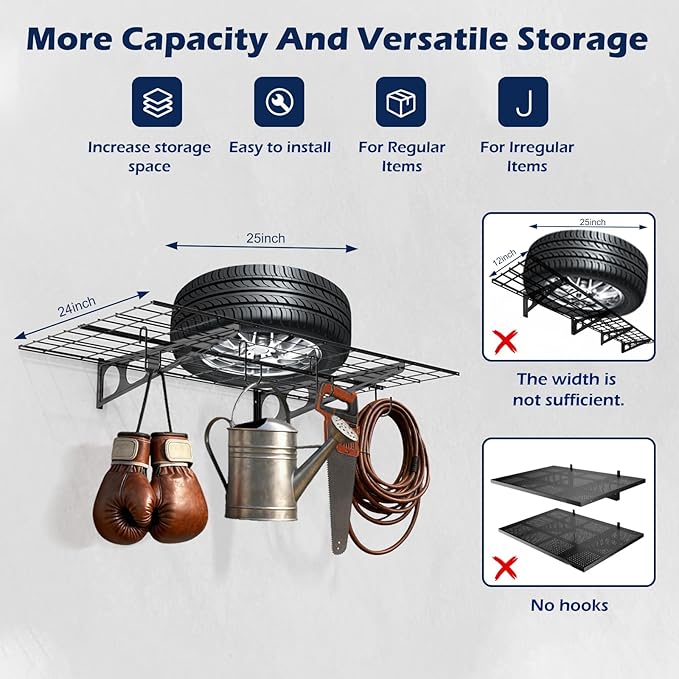 2x3 Ft Garage Wall Shelving, 700 lbs Heavy Duty Metal Garage Shelf Storage Organization, 24x36 Inch Wall Mounted Floating Shelves with Hooks, High Capacity, Space Saving, 2 Pack