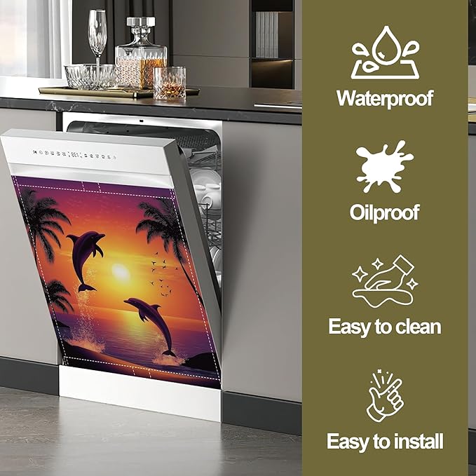 Magnetic Dishwasher Cover,Ocean Dolphin Reusable Dishwasher Magnetic Cover Sunset Plam Decorative Door Covers Panel for Home Kitcen 23" x 26"