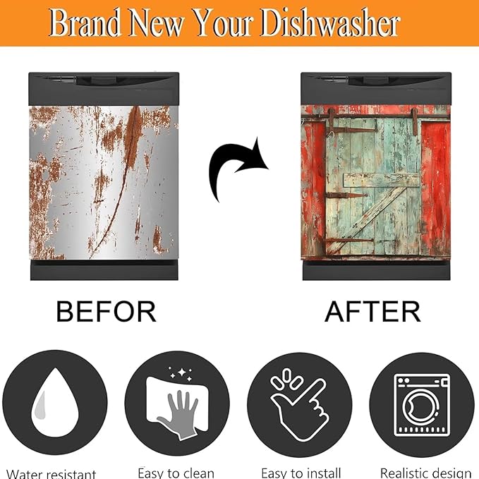 Paint Peeling Wood Door Dishwasher Magnets Decorative Cover, Vintage Barn Door Fridge Magnetic Panel Decal, Magnet Dishwasher Skin Cover Sticker 23" W x 26" H Magnetic