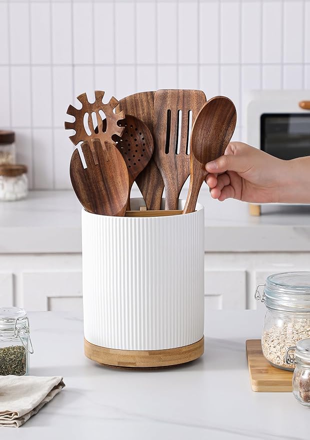 LoeJan 3 Compartment Utensil Holder, Extra Large Utensil Crock, Stable Ceramic Utensil Organizer, Cooking Tool Organizer Set for Kitchen Counter Farmhouse Decor (A-White(Vertical Stripe))