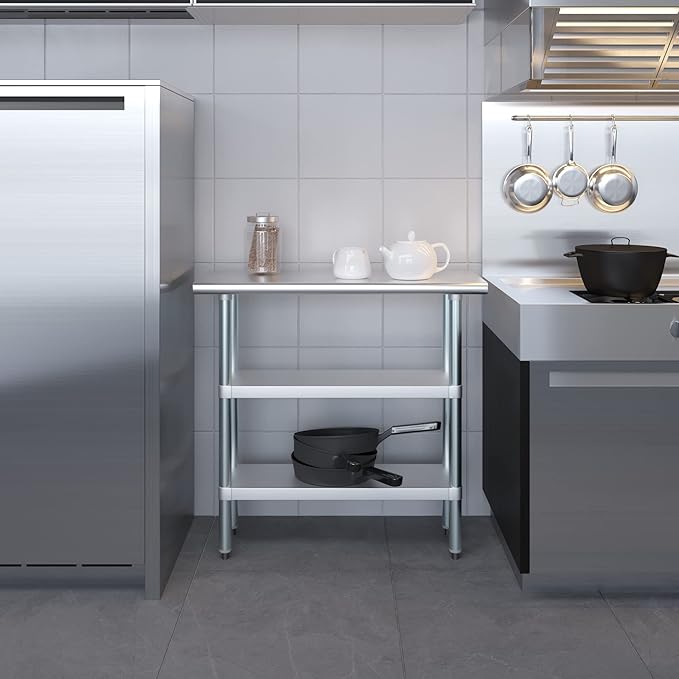 AmGood Stainless Steel Work Table with 2 Shelves | NSF | Metal Utility Table (36" Long x 14" Deep)