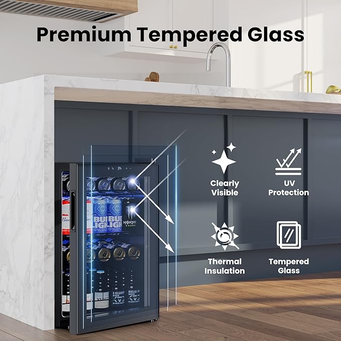 Yeego Beverage Refrigerator Cooler, 85 Cans Drink Mini Fridge with Glass Door for Soda, Beer or Wine, Beverage Cooler with Digital Temperature Control from 34°F to 54°F for Home, Office or Bar (Black)