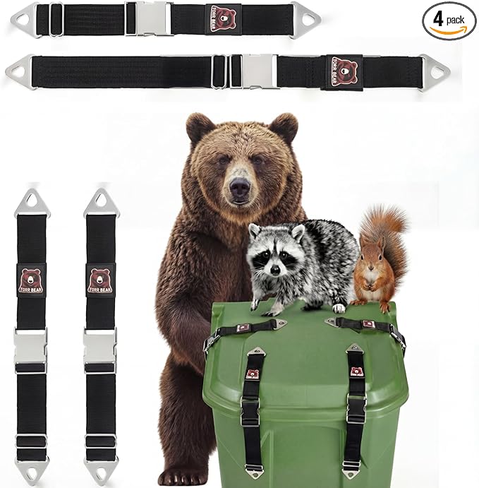 Windyun 4 Pcs Trash Can Locks for Animals Adjustable Metal Trash Can Lid Lock Claw Bear Proof Garbage Cans Straps Locks for Outdoor Animals Fits Multiple Sizes Cans