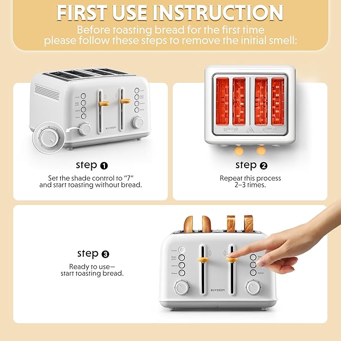 BUYDEEM DT640 4-Slice Toaster, Extra Wide Slots, Stainless Steel with High Lift Lever, Bagel and Muffin Function, Removal Crumb Tray, 7-Shade Settings, Arctic White