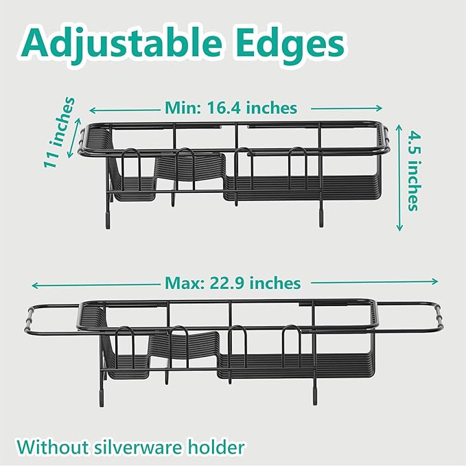 Dish Drying Rack in Sink Expandable Stainless Steel Kitchen Dish Drainer with 4 Cup Holders, Black