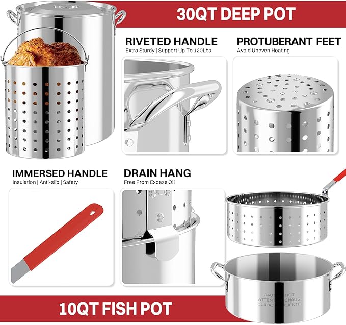 30QT Turkey Fryer Kit | Stainless Steel | Cover | Skimmer | 50,000BTU Burner | Outdoor Deep Fryers with Basket | Seafood Boil Pot | Crab Shirmp & Crawfish Boiler