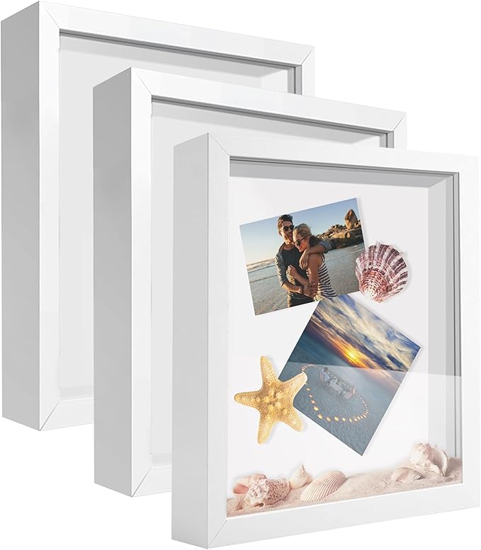 8x10 Shadow Box Frame Display Case, Wood with Plexiglass, Display Case Box for Memorabilia, Medal, Crafts,Tickets and Photos, Picture Frame for Wall and Tabletop (3pcs-White, 8x10)