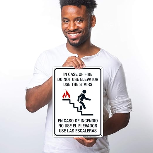 in Case of Fire Do Not Use Elevator Use The Stairs Bilingual Sign, Fire Safety Sign, 10x14 Inches, Rust Free .040 Aluminum, Fade Resistant, Indoor/Outdoor Use, Made in USA