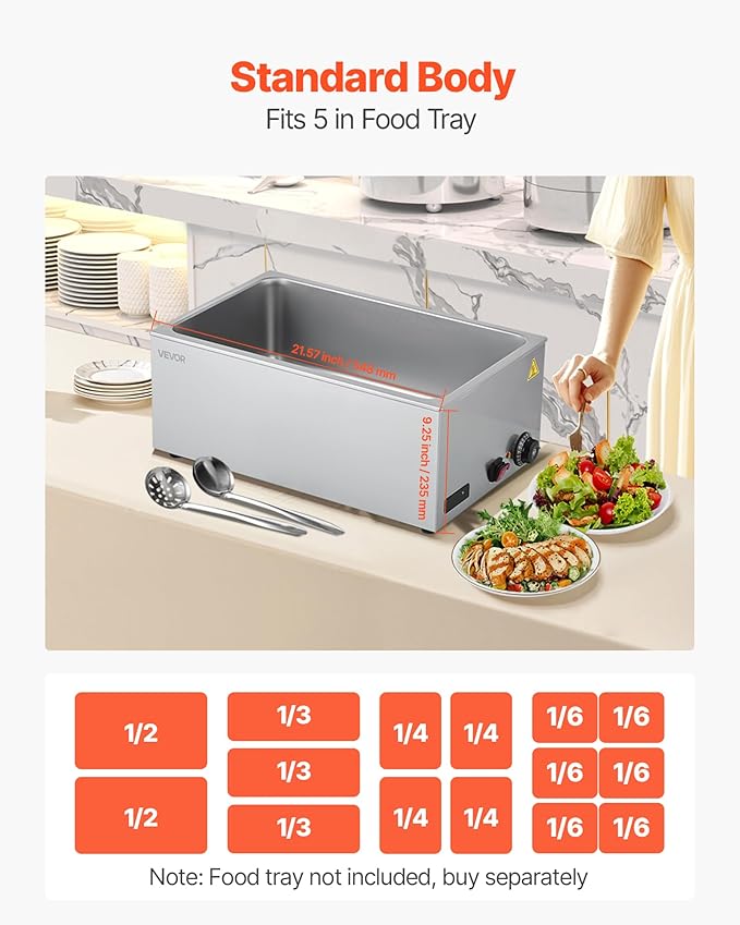 VEVOR Commercial Food Warmer, 1200W Electric Stainless Steel Steam Food Warmer, Fast Heating Countertop Buffet Bain Marie with Soup & Perforated Ladles, for Catering, Restaurants, Parties, Buffets