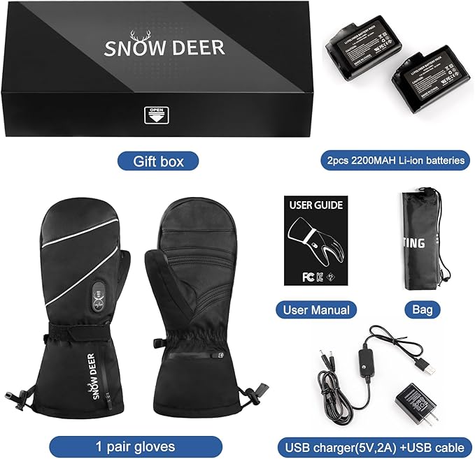 SNOW DEER Heated Mittens Gloves for Men and Women, 7.4V 2200MAH Electric Rechargeable Battery Ski for Winter Skiing Skating Snow Camping Hiking Heated Arthritis Hand Warmer Gloves