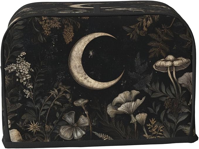 2 Slice Toaster Cover for Kitchen Vintage Botanical Moon Waterproof and Dustproof Toaster Dust Cover with Side Pockets Decorative Universal Cover for Wide Slot Toasters and Small Appliances