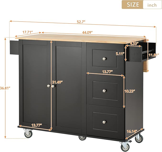 Favfurish 52.7" Rolling Mobile Kitchen Island Cart with Drop Leaf Wood Top, Adjustable Shelves Coffee Bar Trolley on Lockable Casters & Storage Cabinet & 3 Drawers for Dining Room, Black