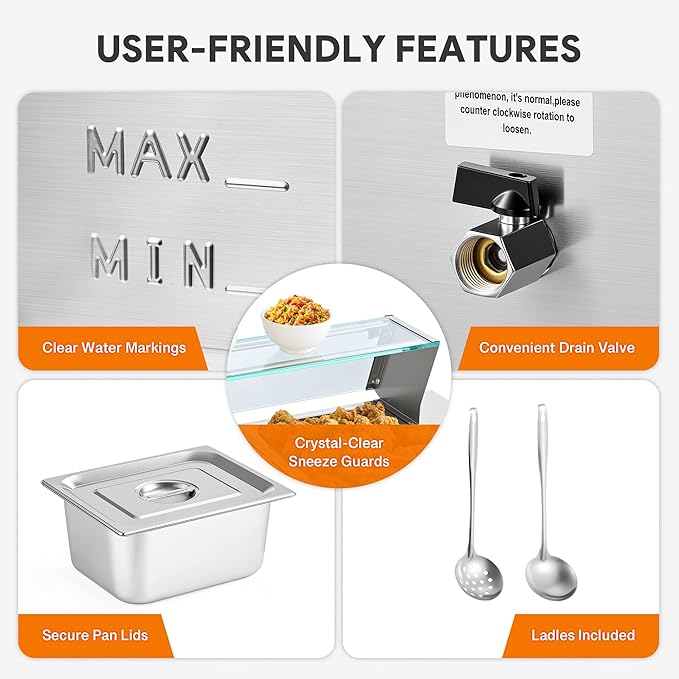 WILPREP 3-Pan Commercial Food Warmer with Sneeze Guard, Three 1/2 Pans, 1500W Countertop Electric Steam Table, 86-185°F Adjustable Temp Control, Stainless Steel Buffet Bain Marie