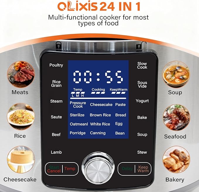 OLIXIS 24-in-1 Electric Pressure Cooker 6.34 Quart, Stainless Steel Multi-Cooker for Canning, Slow Cook, Yogurt, Steam, Rice, Soup, Bean, Poultry, Beef, Bake, Stew & Porridge, Family Size
