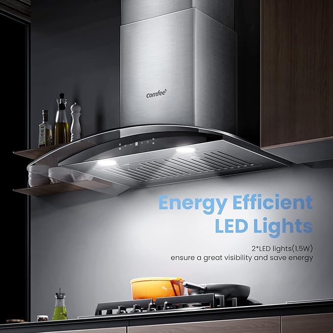 COMFEE' Curved Glass Range Hood 30 Inch 450 CFM 3 Speed Gesture Sensing &Touch Control Panel Stainless Steel kitchen Ductless/Ducted Convertible with Baffle Filters and 2 LED Lights (CVG30W9AST)
