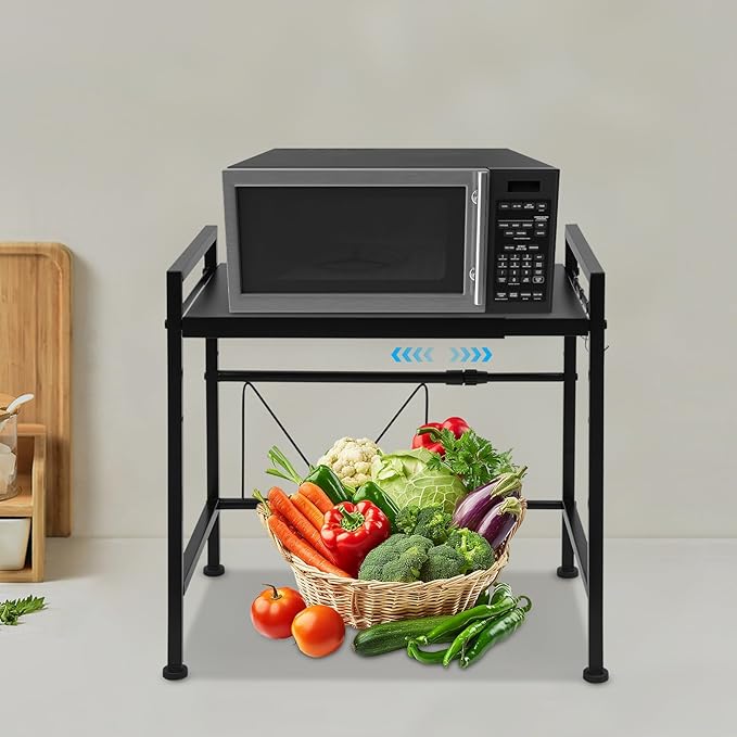 2 Tier Black Microwave Oven Rack, Adjustable Shelf with 3 Hooks, Microwave Stand with Storage, Toaster Shelf Heavy Duty Stand Kitchen Counter Top Organizer for Kitchen
