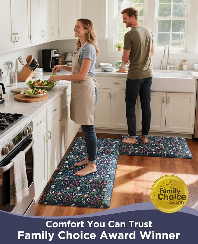 Ophanie Kitchen Mats for Floor, 3/4 inch Thick, 17x28 Anti Fatigue Cushioned Mat, Kitchen Rugs, Waterproof, Comfort Ergonomic Standing Mat for Office, Home, Sink, Blue Flower Non-Slip Ridged Bottom