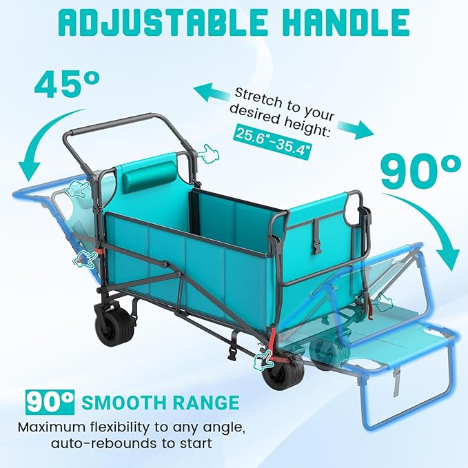 LEVELEVE Heavy Duty Folding Wagon - 2-in-1 Collapsible Cart, 650lb Capacity, All-Terrain Wheels w/Brakes & Side Pockets (Sky Blue)
