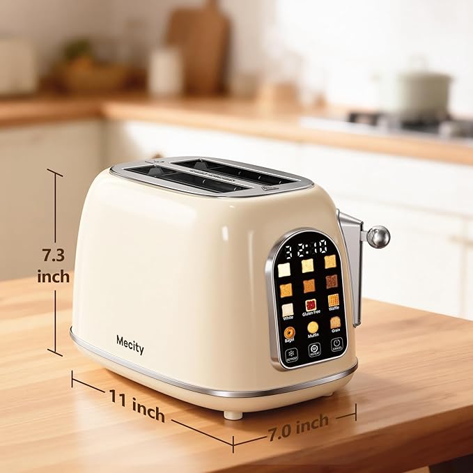 Mecity Toaster 2 Slice, Touch Screen Wide Slot Retro Toaster For Breads Bagel Muffin Waffle, House Warming Gift New Home, 120V 825W, Cream Color