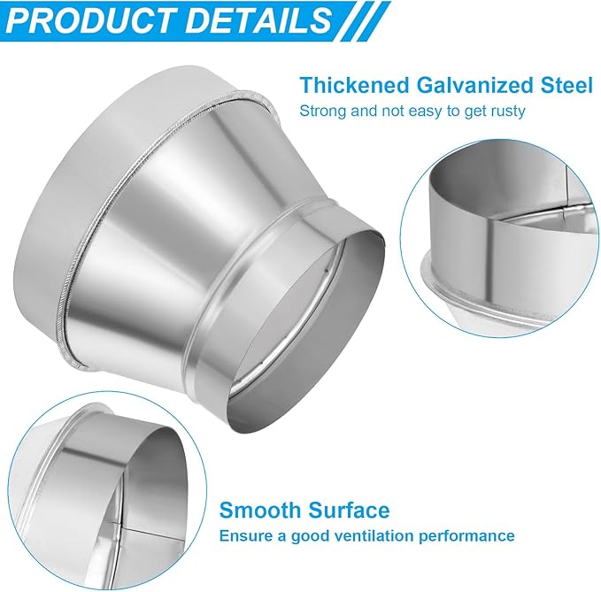 PATIKIL 8 Inch to 6 Inch Round Duct Reducer Increaser Connector, Galvanized Steel Air Duct Adapter Pipe Fitting for Bathroom Kitchen Inline Ventilation Systems, Silver Tone
