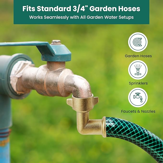 90-Degree Brass Garden Hose Elbow Connector (2-Pack) – 3/4" Heavy-Duty Hose Adapter with Extra Washers, Solid Brass Angled Fitting for RVs, Outdoor Faucets, Spigots & Lawn Irrigation