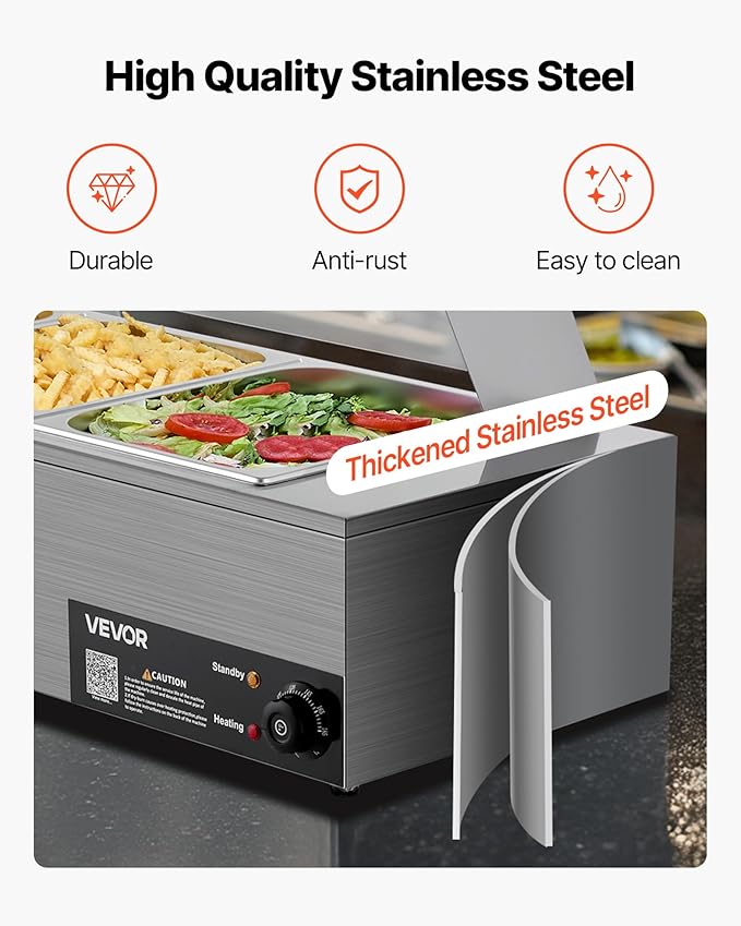 VEVOR Commercial Food Warmer, 1500W Electric Stainless Steel Steam Food Warmer with Glass Cover, 3-Pan Countertop Buffet Bain Marie with Soup & Perforated Ladles, for Catering, Restaurant & Party