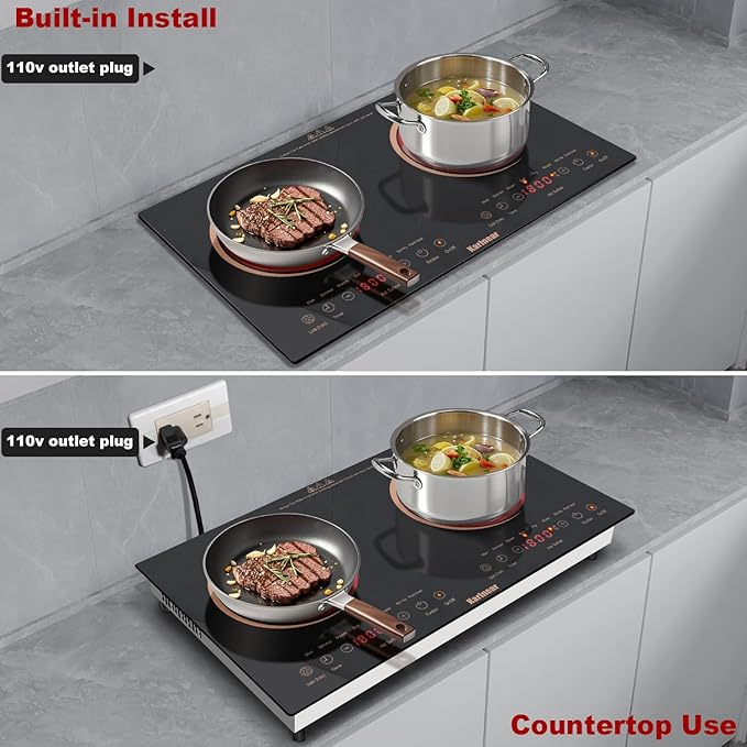 Karinear 2 Burners Electric Cooktop 24 Inch, 110v~120v Countertop and Built-in Elecric Stove Top, Portable Electric Radiant with Outlet Plug, Sensor Touch, Child Safety Lock, Timer(Gold)