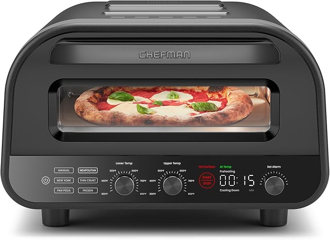 CHEFMAN Indoor Pizza Oven - Makes 12 Inch Pizzas in Minutes, Heats up to 800°F - Countertop Electric Pizza Maker with 5 Touchscreen Presets, Pizza Stone and Peel Included - Stainless Black