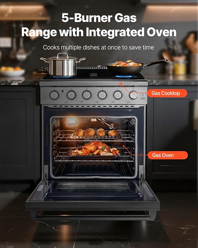 VEVOR Gas Range Oven, 30 Inches Width, Freestanding Stainless Steel Stove and Oven with 5 Sealed Cooktop Burners, Easy Reach Racks, Storage Drawer, 4.8 Cu. Ft. Capacity, for Apartment Home Kitchen