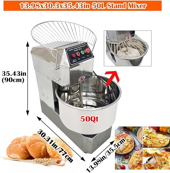 Commercial Stand Dough Mixer 50Qt Stand Spiral Mixer Dual Rotating Dough Kneading Machine Dough Pizza Food Mixer with Double Speeds for Restaurant Bakeries Pizzeria 110V 2200W