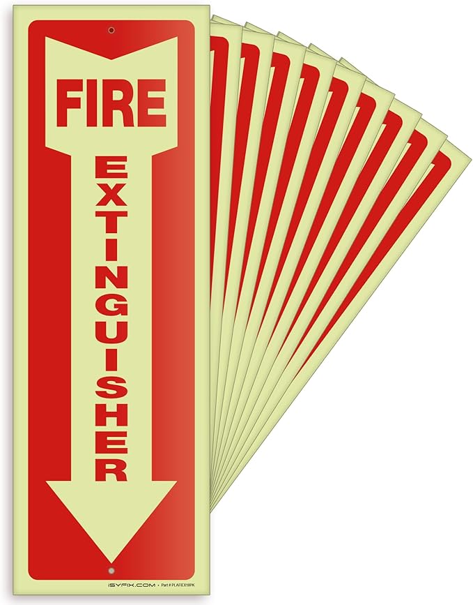 iSYFIX Fire Extinguisher Glow in the Dark Signs – 10 Pack 4x12 Inch – 40 mil Thick Polystyrene Plastic, Laminated for Ultimate UV, Weather, Scratch, Water & Fade Resistance, Indoor & Outdoor