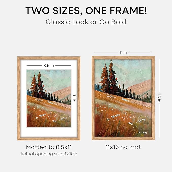 Homeforia 11x15 Picture Frame Wood, High End Natural Oak 11x15 Light Wooden Poster Frames with Mat 8.5x11, 11 x 15 Frame Matted to 8.5 x 11 Photo, 15x11 Thin Frames, Tempered Glass, Wall Kit, Set of 1