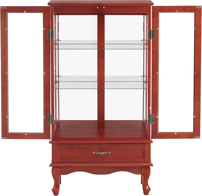 49" H Lighted Curio Cabinet Display Case, Glass Curio Cabinet with Adjustable Shelves,Tempered Glass Door and Drawer, Wooden Cabinets w/Mirrored Back Pane for Living Room (Cherry)