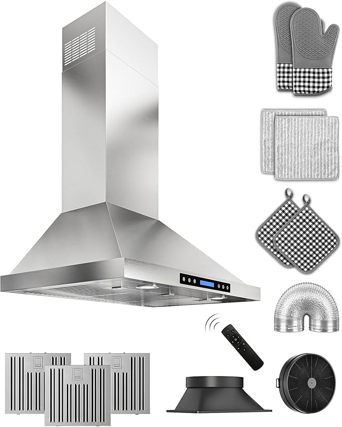 36 inch Stainless Steel Wall Mount Range Hood - 900 CFM, Ultra-Quiet 4-Speed Vent, Touch/Remote Control LCD, LED Lights, Ducted/Ductless Convertible