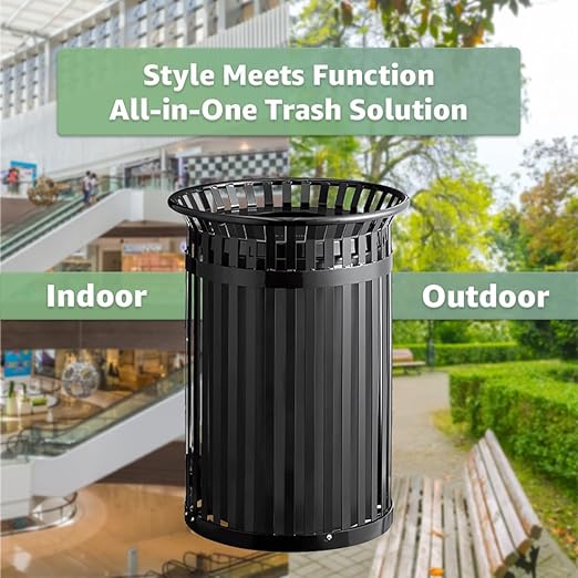 45 Gallon Commercial Black Waste Bin with Flat Lid, Heavy-Duty Outdoor Trash Can Steel Slatted, Round Recycle Container, Durable Garbage Can for Parks, Municipalities, Schools, Parking